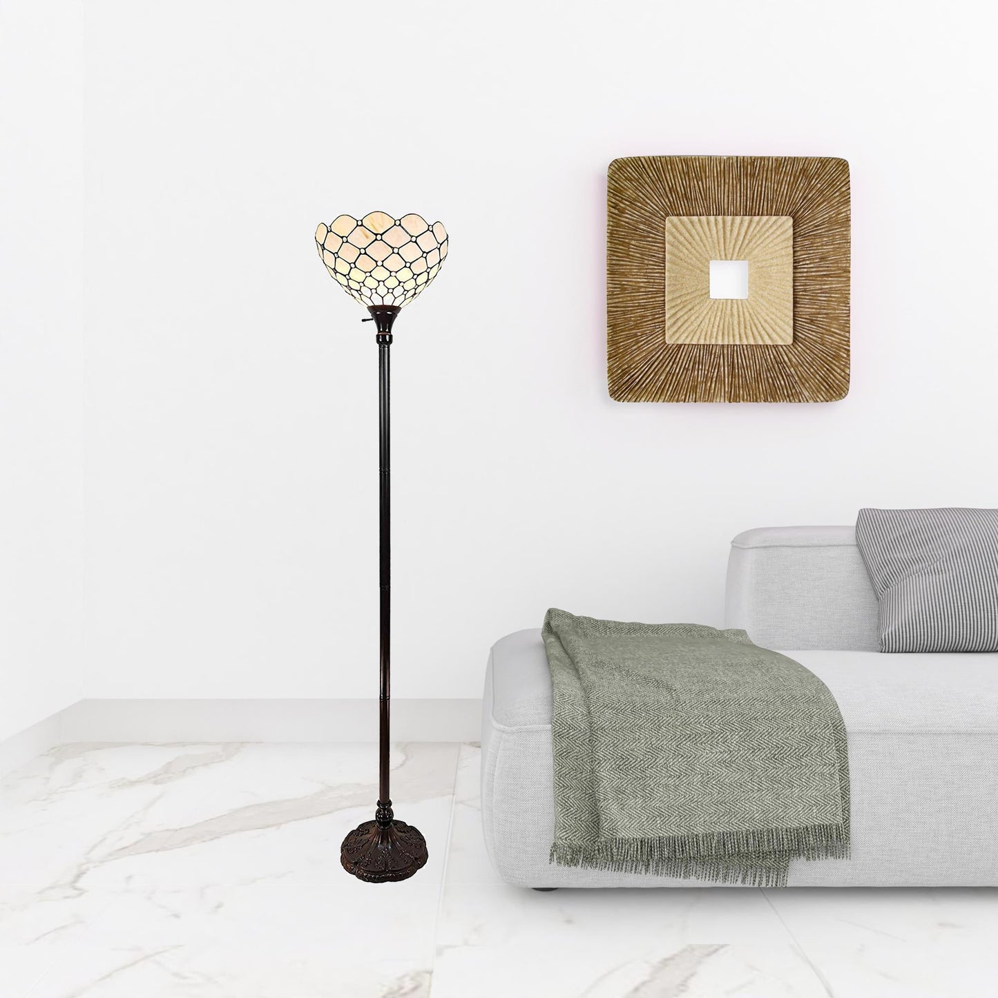 Brown Floor Lamp w/ White Stained Glass Bowl Shade