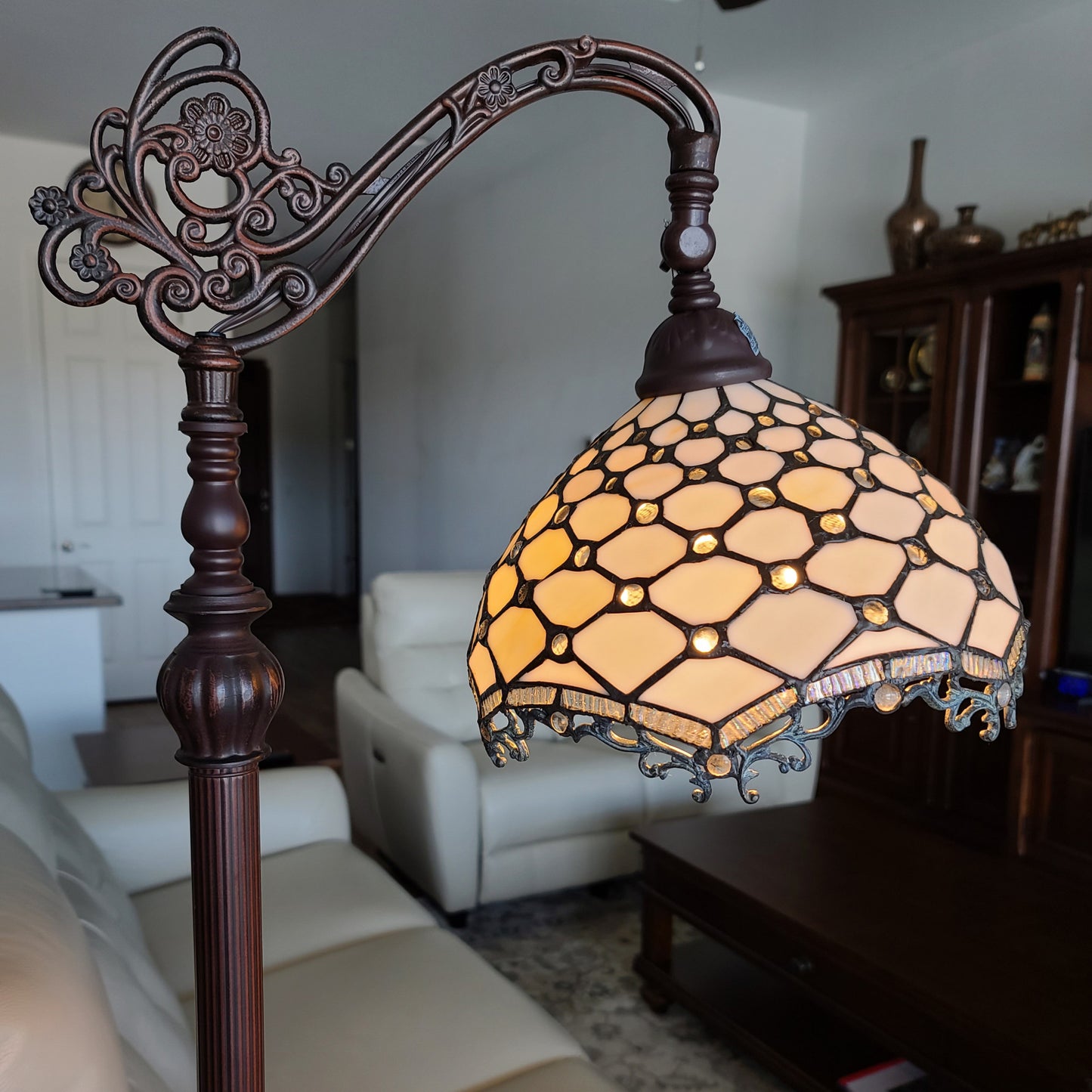 Brown Floor Lamp w/ White Tiffany Glass Bowl Shade