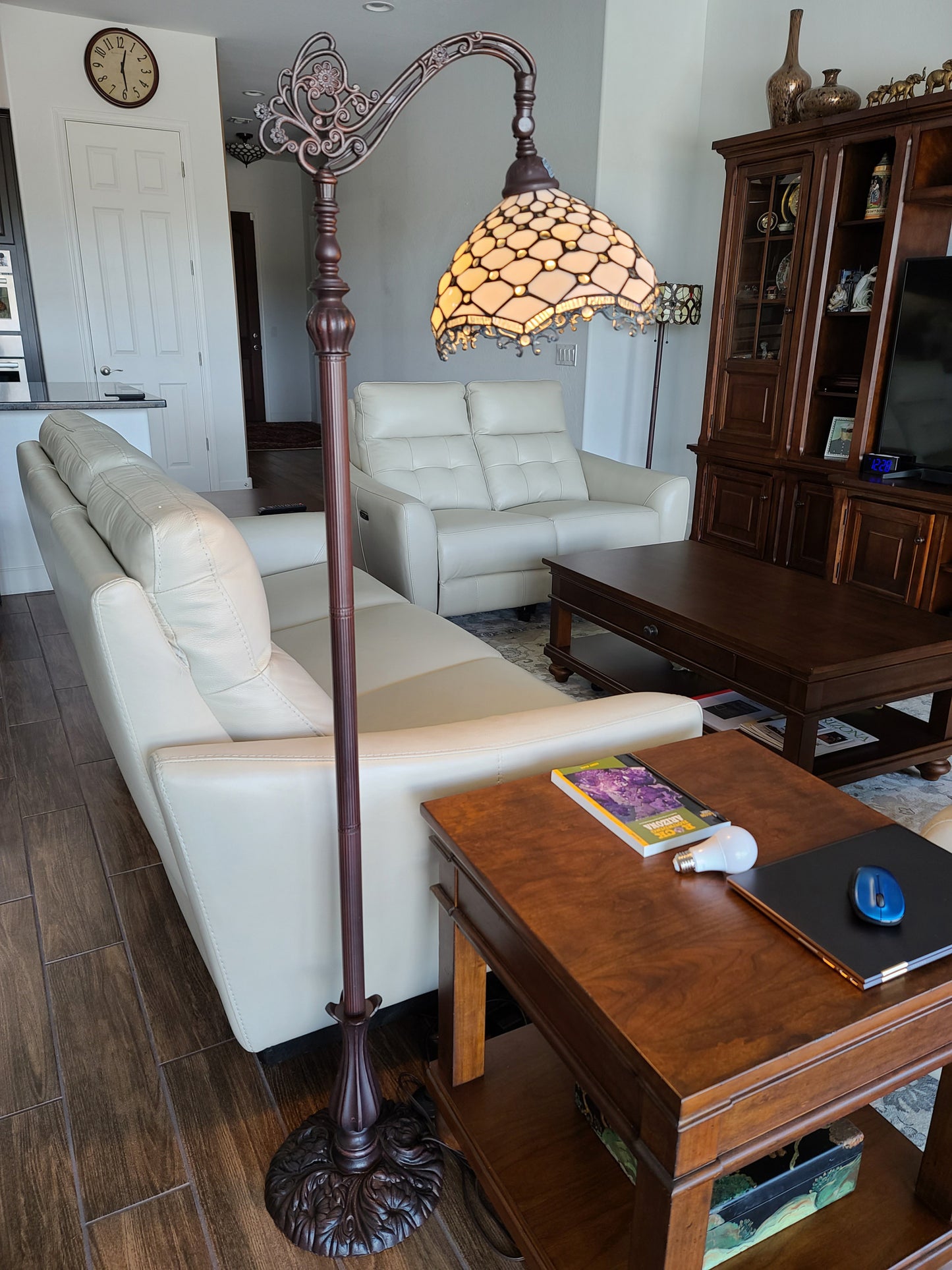 Brown Floor Lamp w/ White Tiffany Glass Bowl Shade
