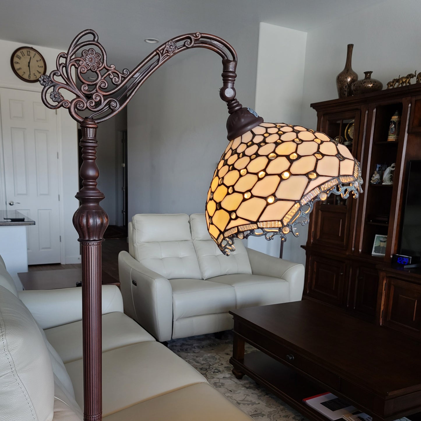 Brown Floor Lamp w/ White Tiffany Glass Bowl Shade