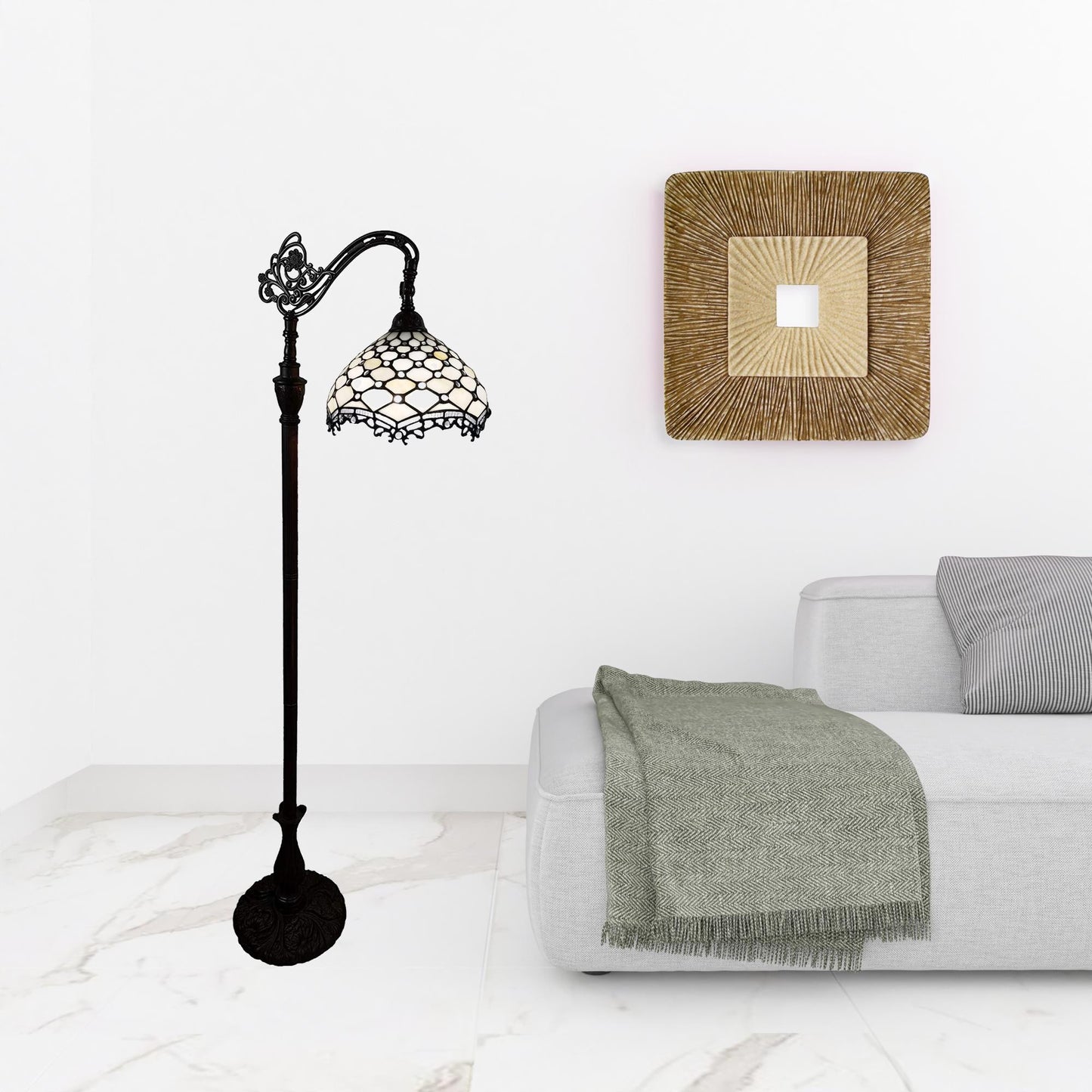 Brown Floor Lamp w/ White Tiffany Glass Bowl Shade