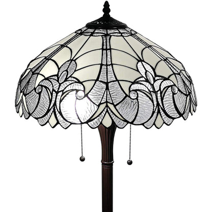 Brown 2-Light Torchiere Floor Lamp w/ White Fleur De Lis Stained Glass Shade
