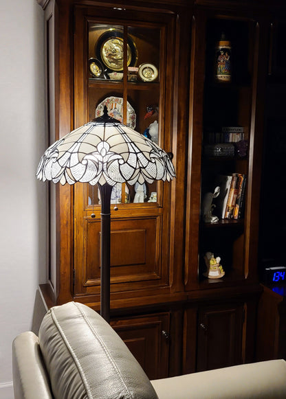 Brown 2-Light Torchiere Floor Lamp w/ White Fleur De Lis Stained Glass Shade