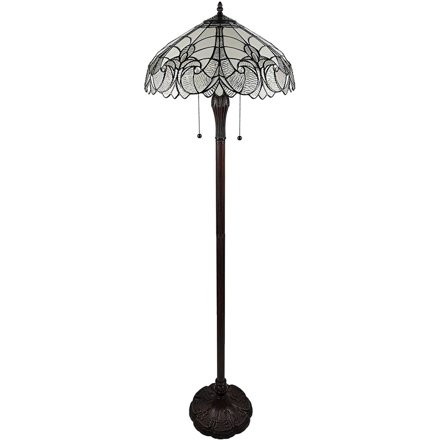 Brown 2-Light Torchiere Floor Lamp w/ White Fleur De Lis Stained Glass Shade