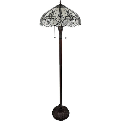 Brown 2-Light Torchiere Floor Lamp w/ White Fleur De Lis Stained Glass Shade
