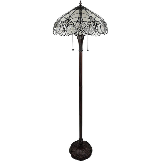 Brown 2-Light Torchiere Floor Lamp w/ White Fleur De Lis Stained Glass Shade