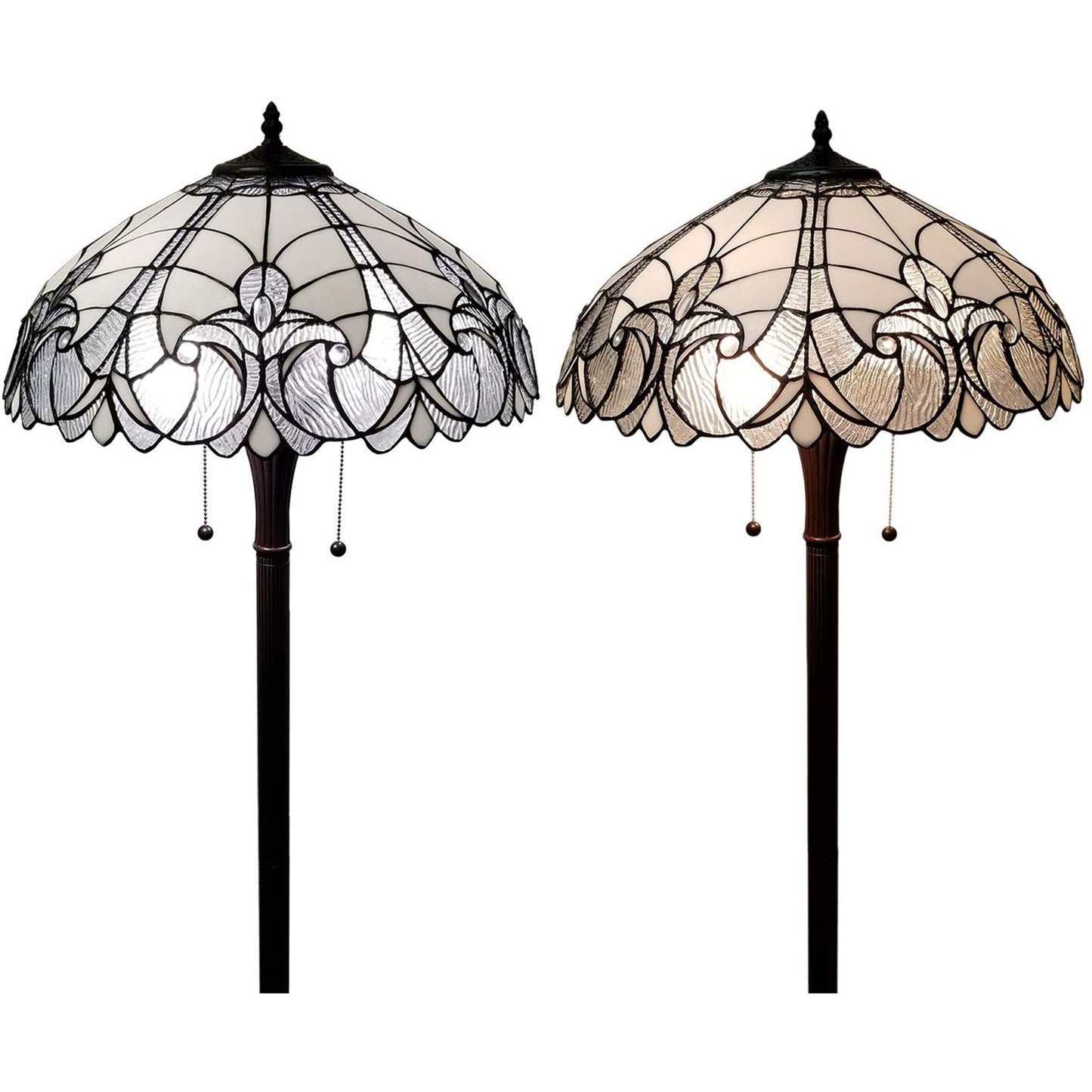 Brown 2-Light Torchiere Floor Lamp w/ White Fleur De Lis Stained Glass Shade