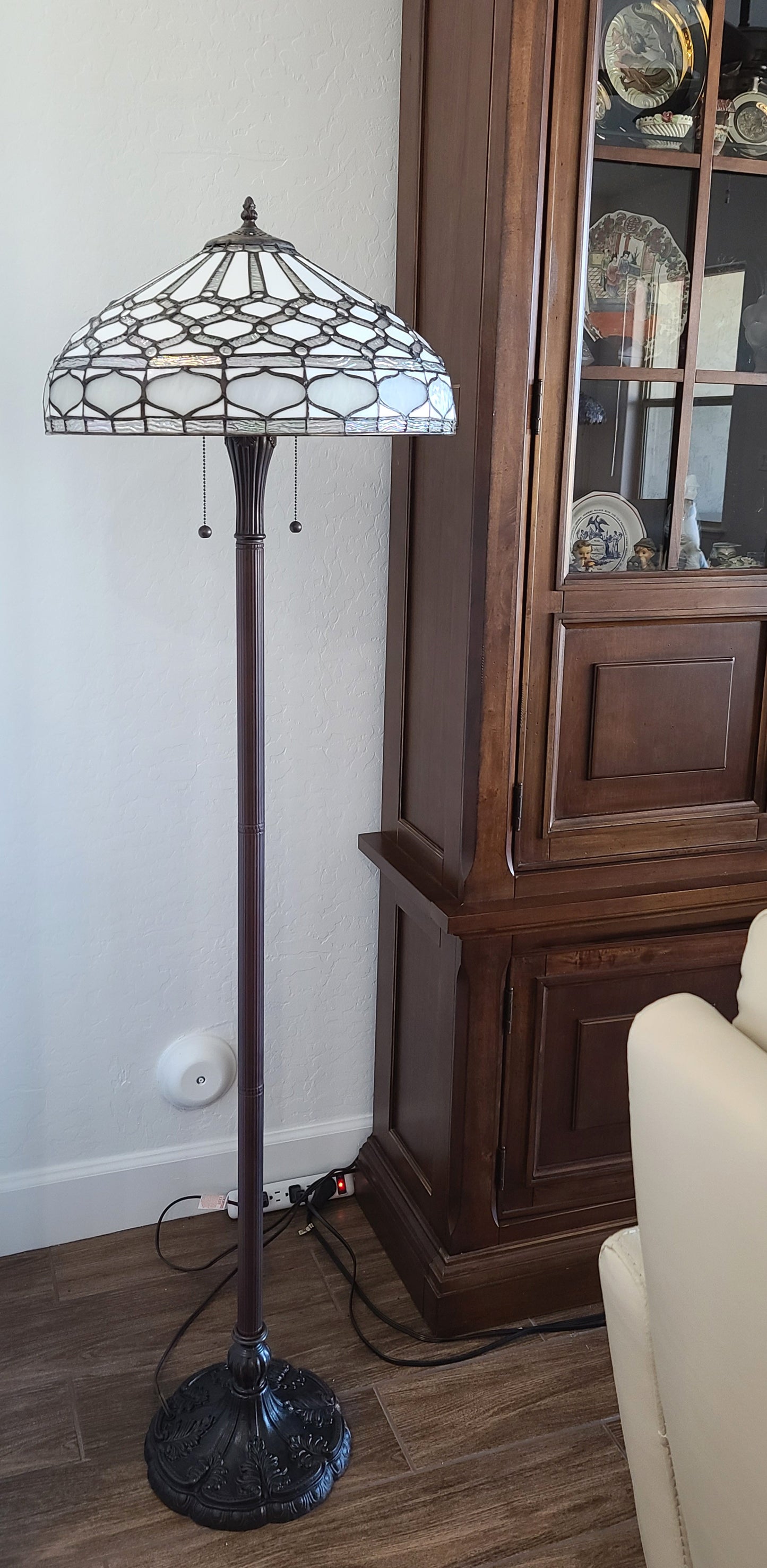 Brown 2-Light Floor Lamp w/ White Stained Glass Bowl Shade