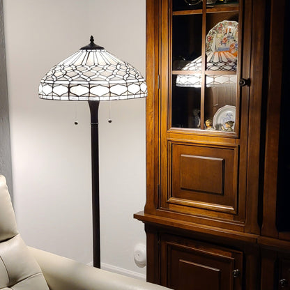 Brown 2-Light Floor Lamp w/ White Stained Glass Bowl Shade