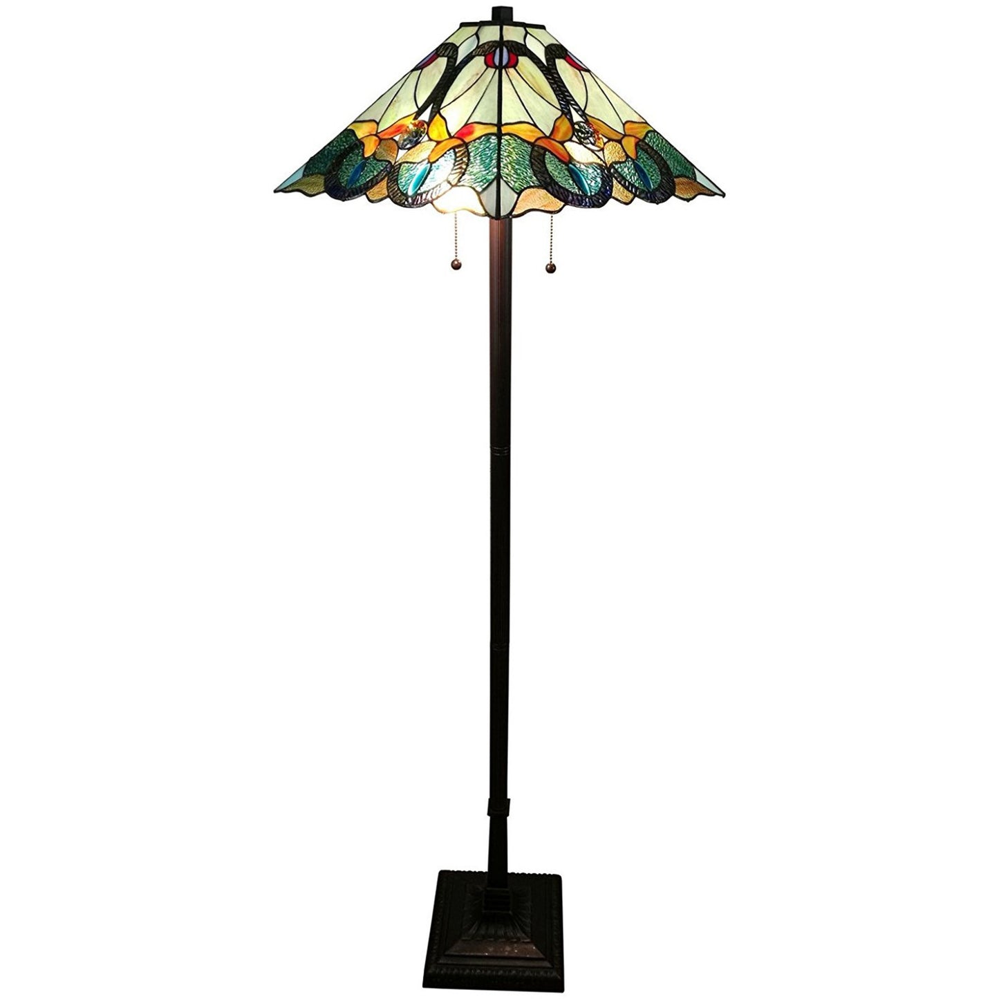 Brown 2-Light Floor Lamp w/ Brown & Blue Stained Glass Shade