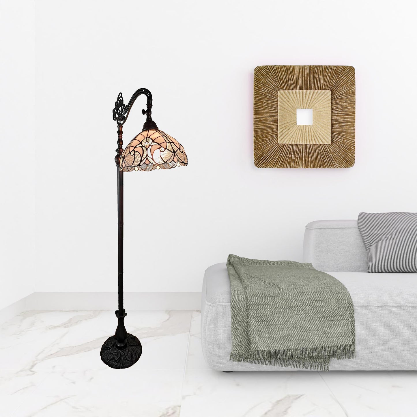 Brown Floor Lamp w/ White Stained Glass Bowl Shade