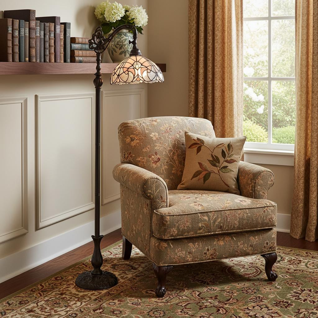 Brown Floor Lamp w/ White Stained Glass Bowl Shade