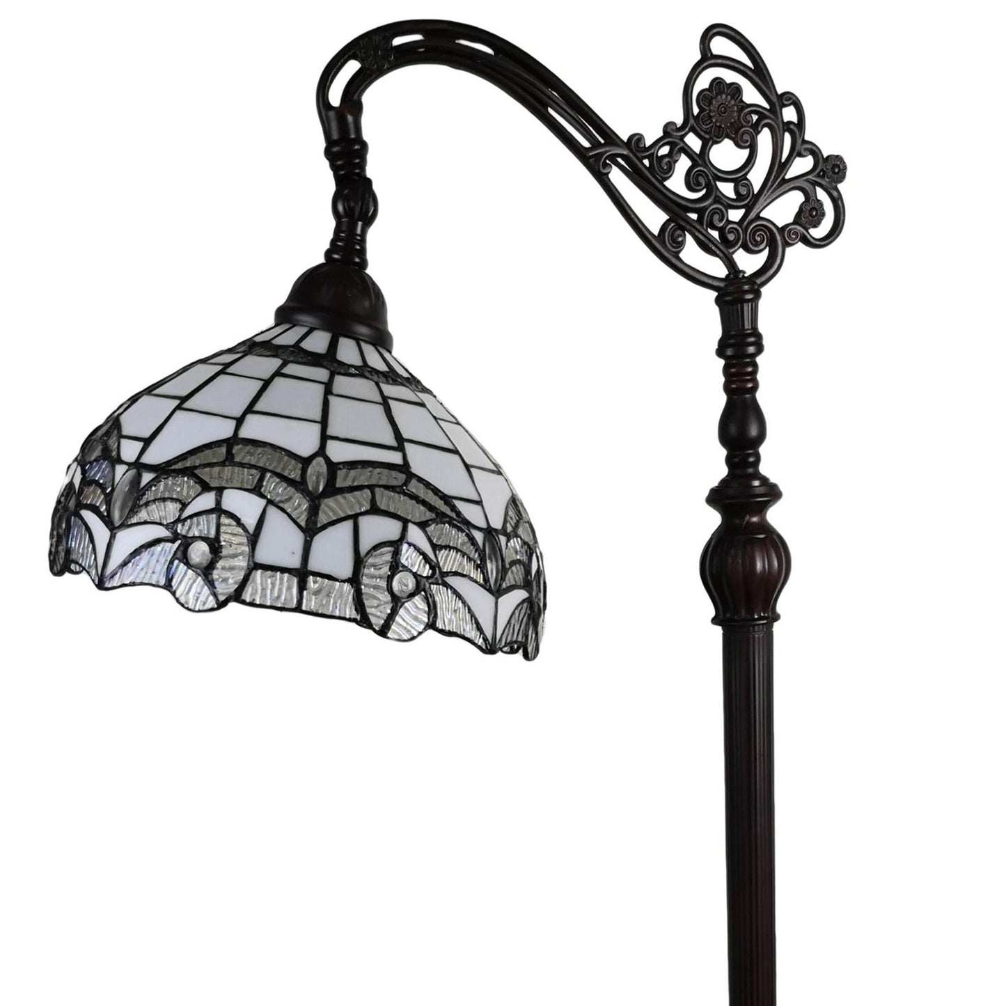 Brown Floor Lamp w/ White Geometric Stained Glass Shade