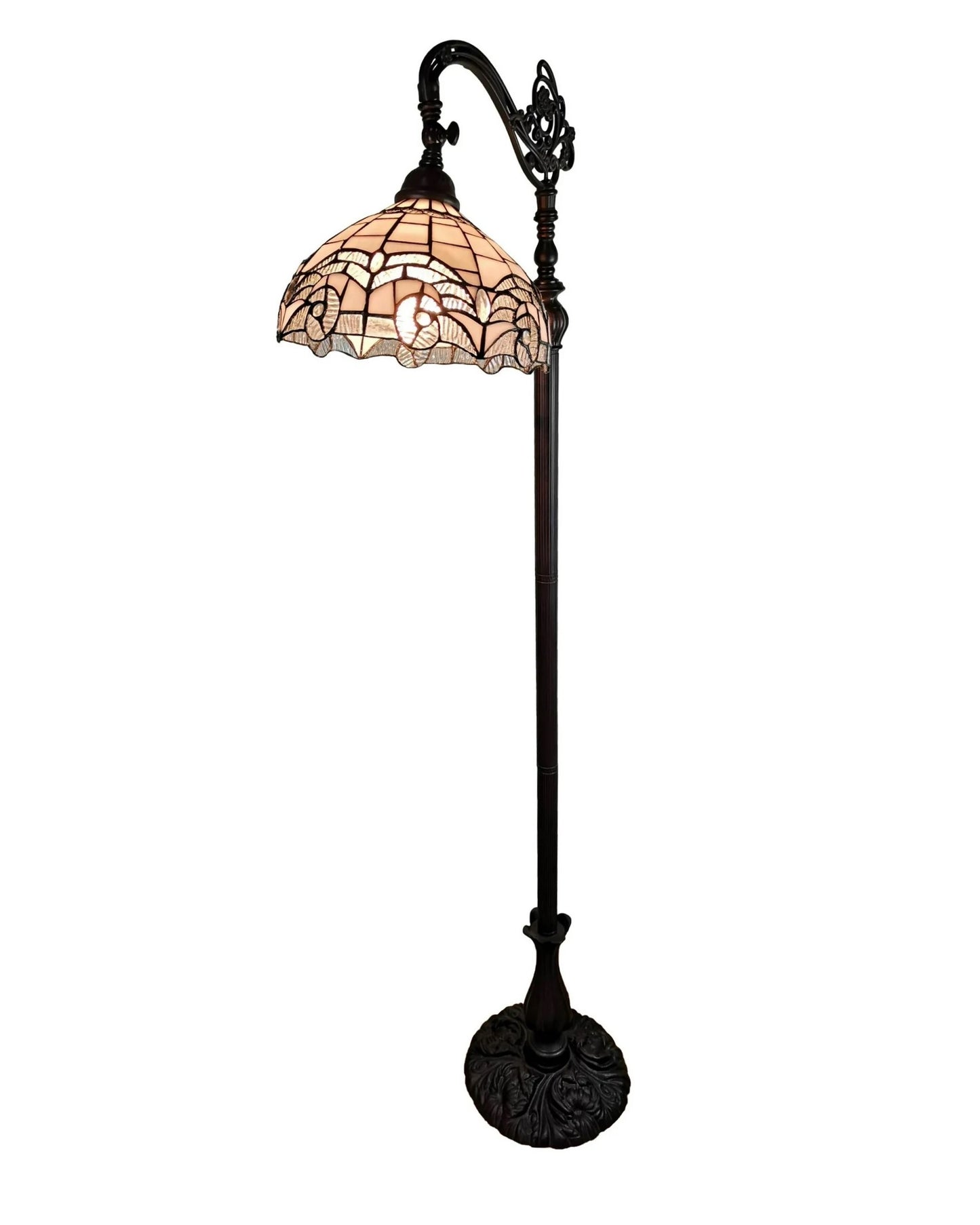 Brown Floor Lamp w/ White Geometric Stained Glass Shade