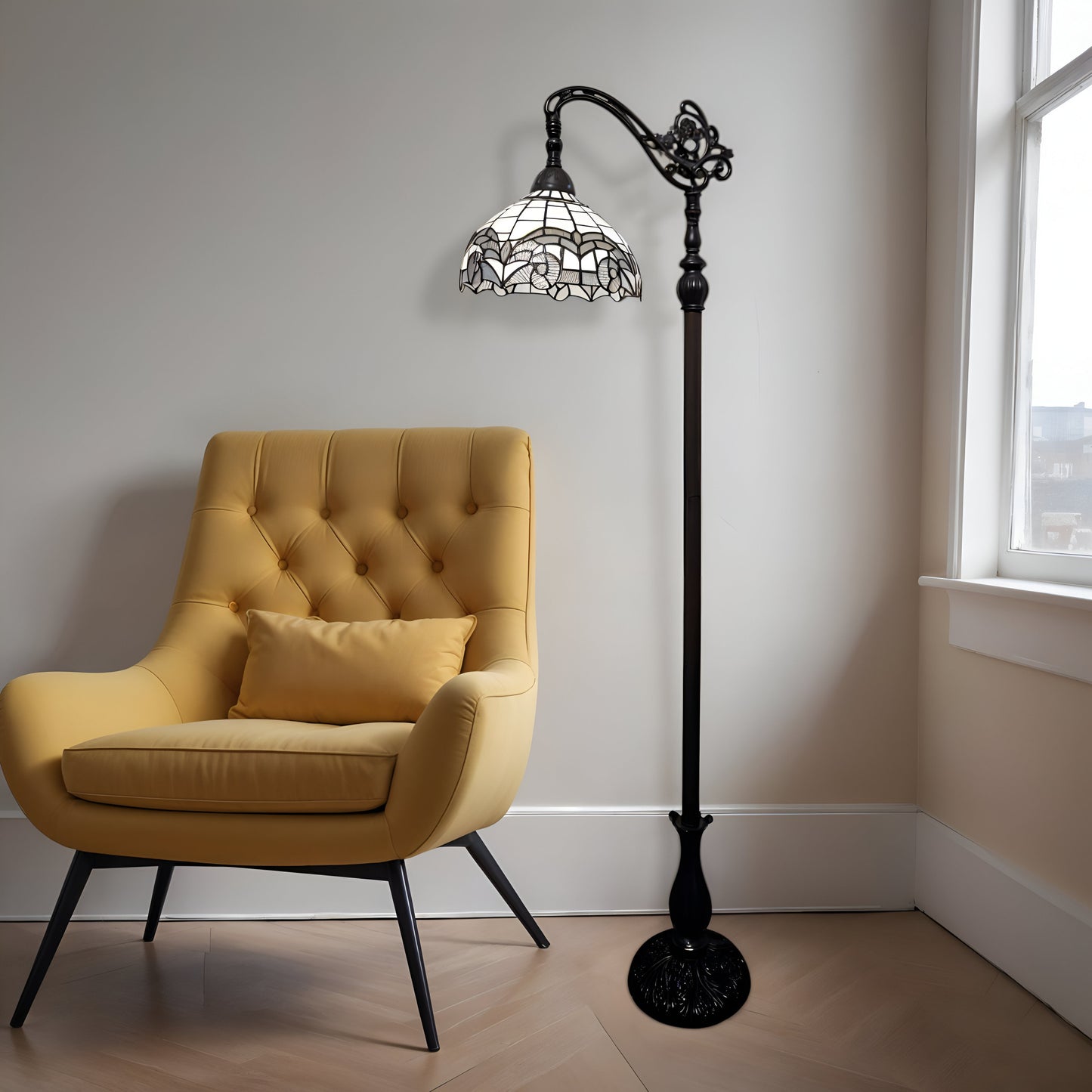 Brown Floor Lamp w/ White Geometric Stained Glass Shade