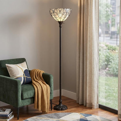 Brown Torchiere Floor Lamp w/ White Tiffany Style Glass Shade