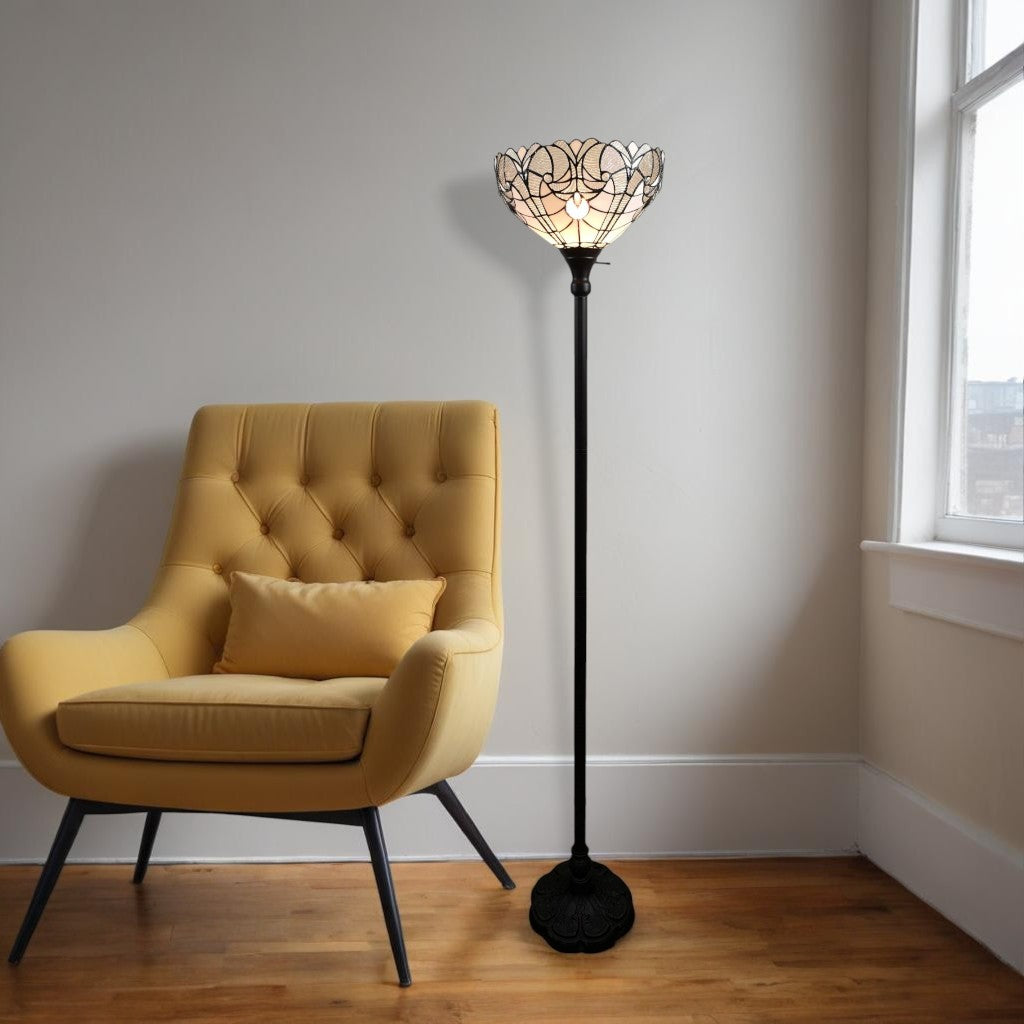 Brown Torchiere Floor Lamp w/ White Tiffany Style Glass Shade