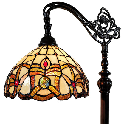 Brown Floor Lamp w/ Amber & Red Flowers Stained Glass Shade