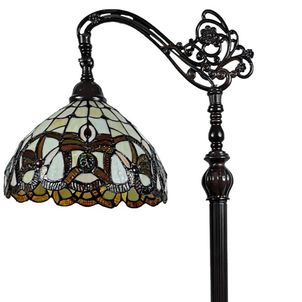 Brown Floor Lamp w/ Amber & Red Flowers Stained Glass Shade