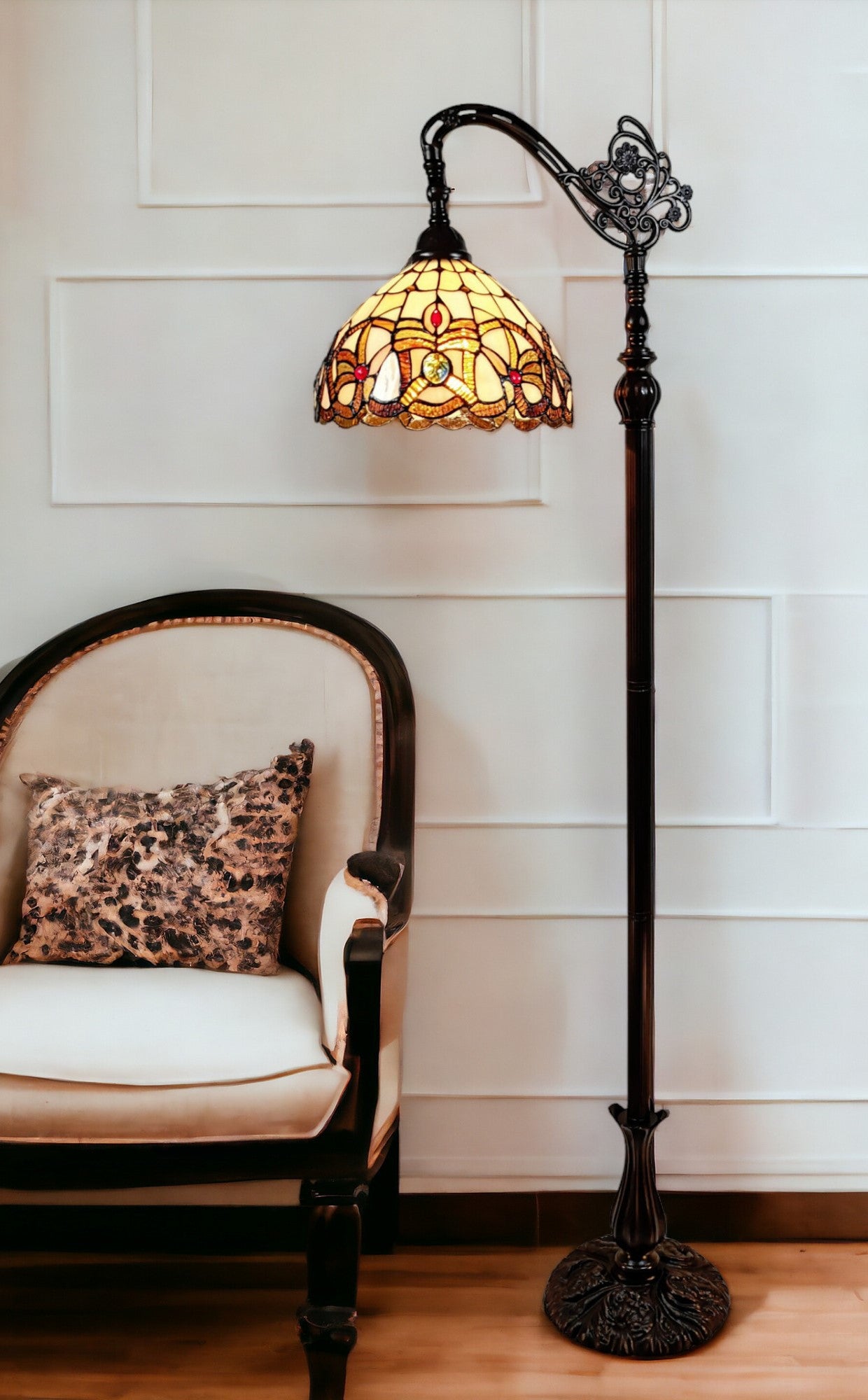 Brown Floor Lamp w/ Amber & Red Flowers Stained Glass Shade