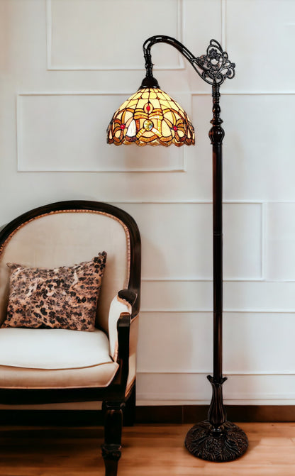 Brown Floor Lamp w/ Amber & Red Flowers Stained Glass Shade