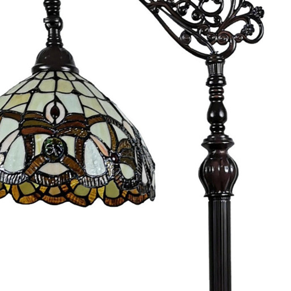 Brown Floor Lamp w/ Amber & Red Flowers Stained Glass Shade
