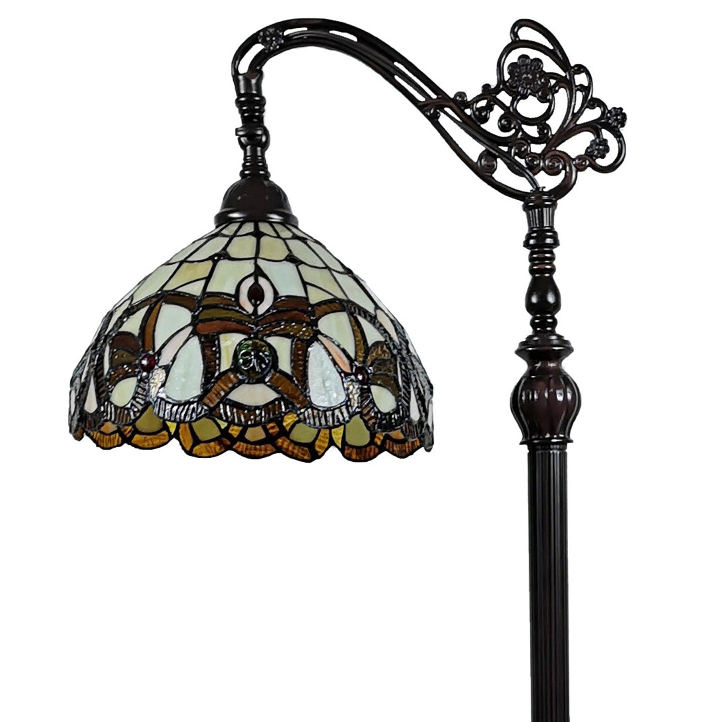 Brown Floor Lamp w/ Amber & Red Flowers Stained Glass Shade
