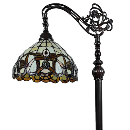 Brown Floor Lamp w/ Amber & Red Flowers Stained Glass Shade