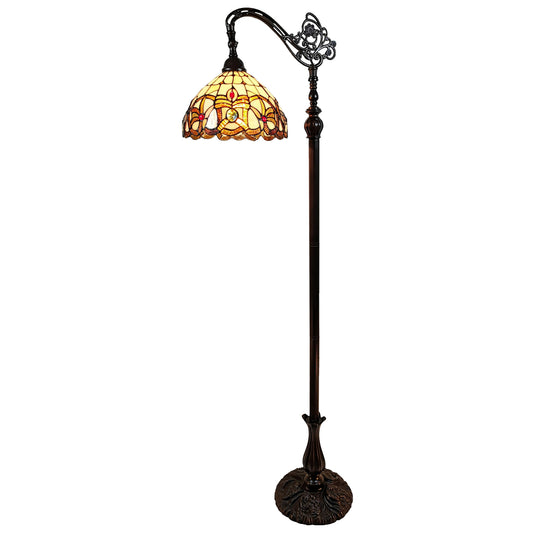 Brown Floor Lamp w/ Amber & Red Flowers Stained Glass Shade