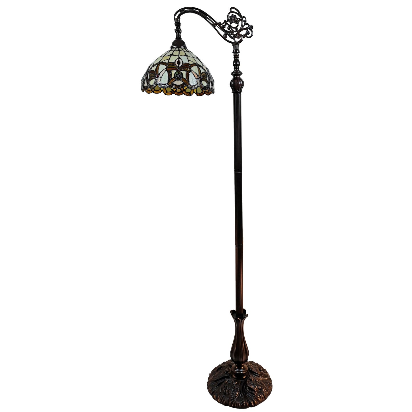 Brown Floor Lamp w/ Amber & Red Flowers Stained Glass Shade