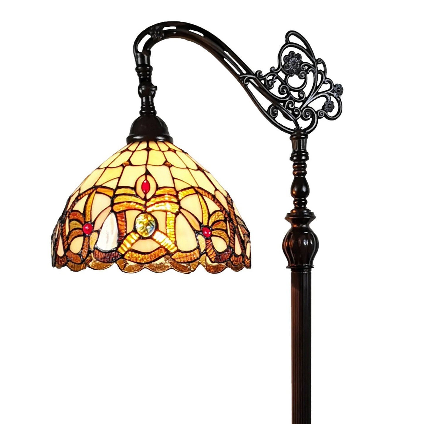 Brown Floor Lamp w/ Amber & Red Flowers Stained Glass Shade