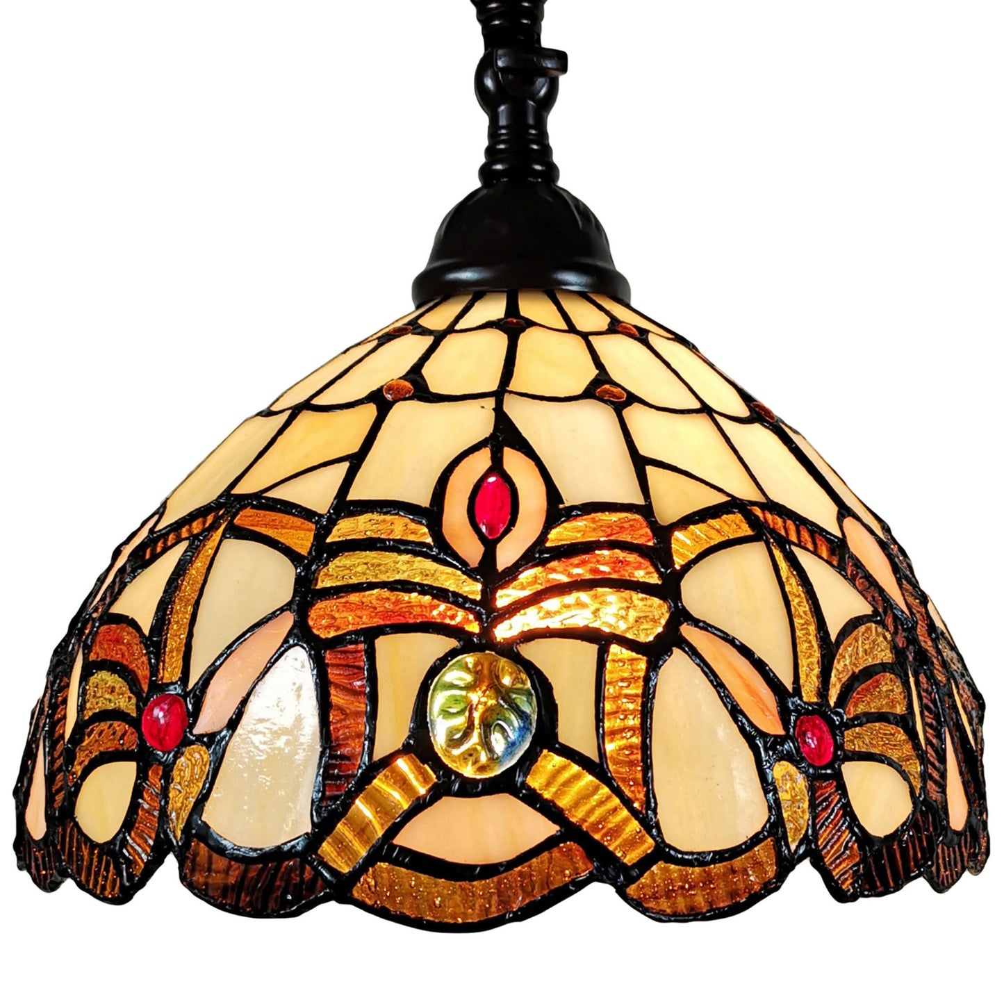 Brown Floor Lamp w/ Amber & Red Flowers Stained Glass Shade
