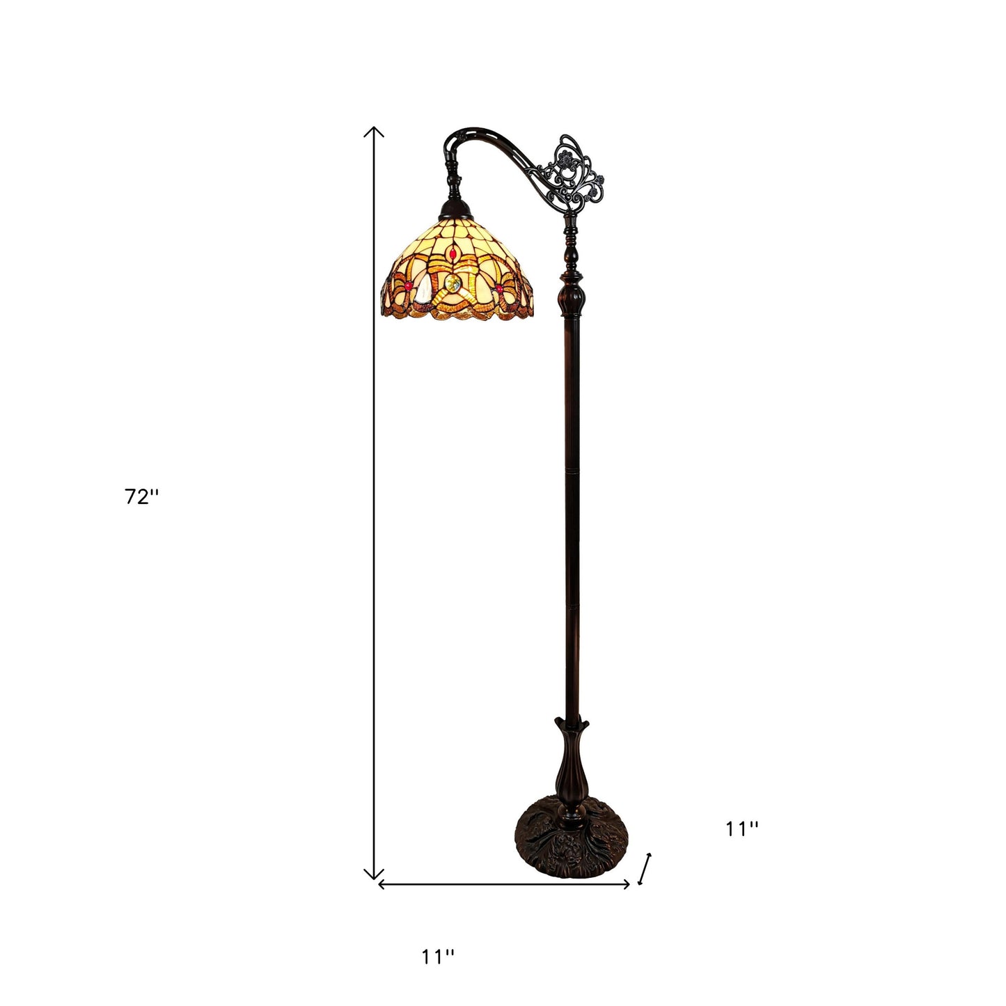 Brown Floor Lamp w/ Amber & Red Flowers Stained Glass Shade