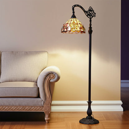 Brown Floor Lamp w/ Amber & Red Flowers Stained Glass Shade