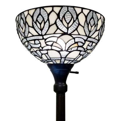 Brown Floor Lamp w/ White Peacock Feather Stained Glass Shade