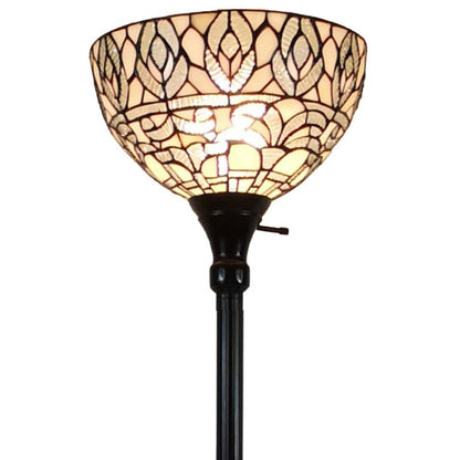 Brown Floor Lamp w/ White Peacock Feather Stained Glass Shade