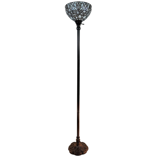 Brown Floor Lamp w/ White Peacock Feather Stained Glass Shade