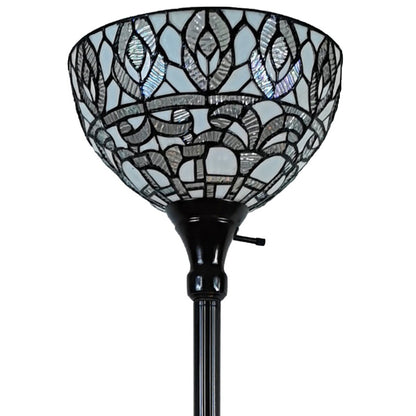 Brown Floor Lamp w/ White Peacock Feather Stained Glass Shade