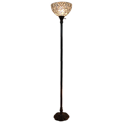 Brown Floor Lamp w/ White Peacock Feather Stained Glass Shade