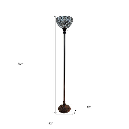 Brown Floor Lamp w/ White Peacock Feather Stained Glass Shade