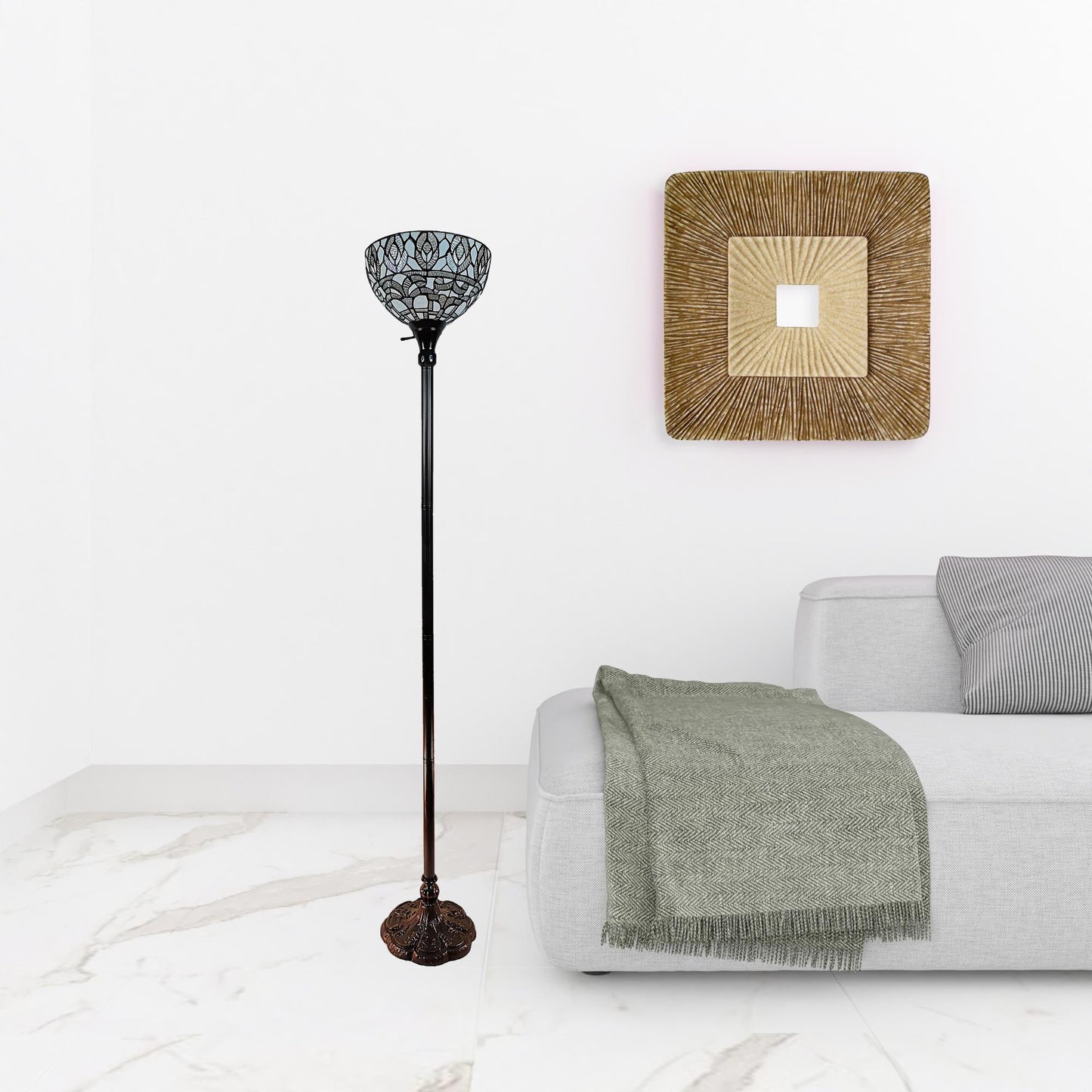 Brown Floor Lamp w/ White Peacock Feather Stained Glass Shade