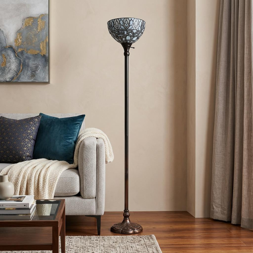Brown Floor Lamp w/ White Peacock Feather Stained Glass Shade
