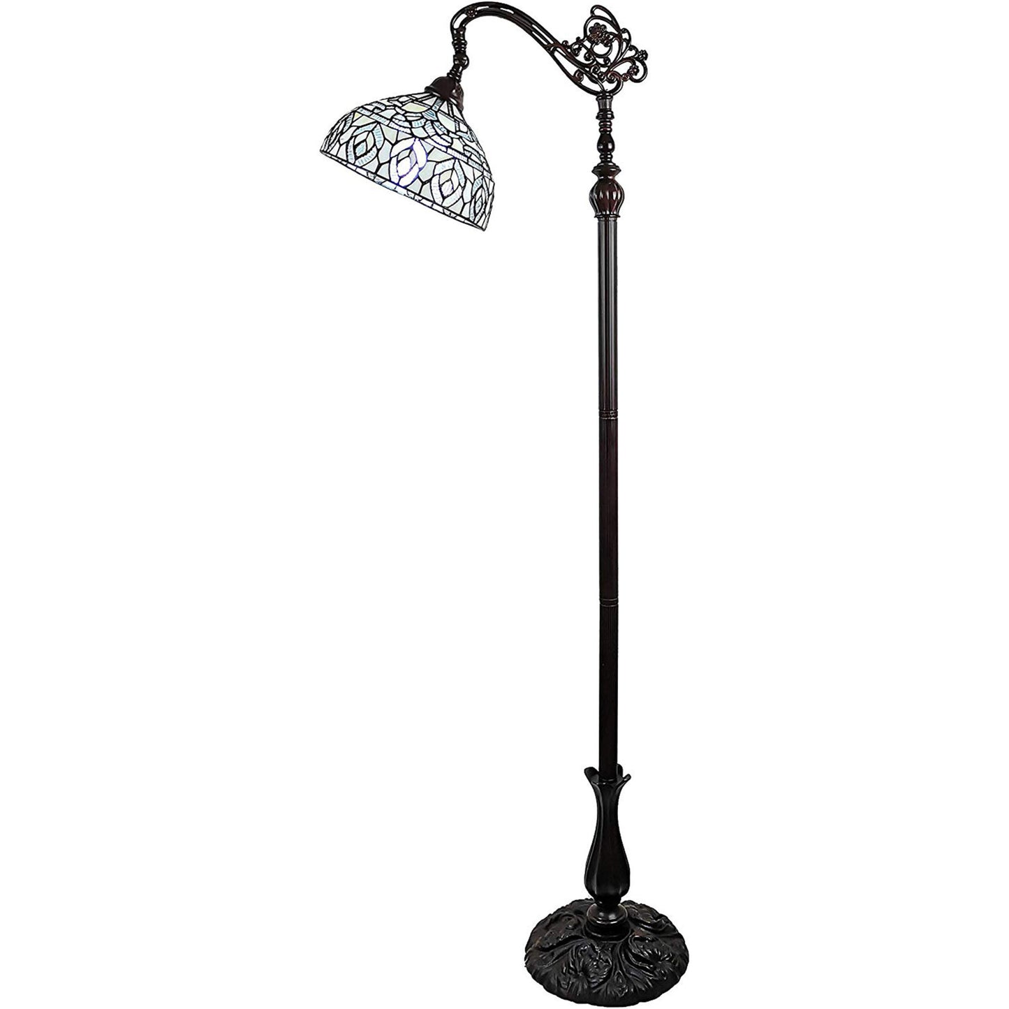 Brown Floor Lamp w/ White Peacock Feather Stained Glass Shade