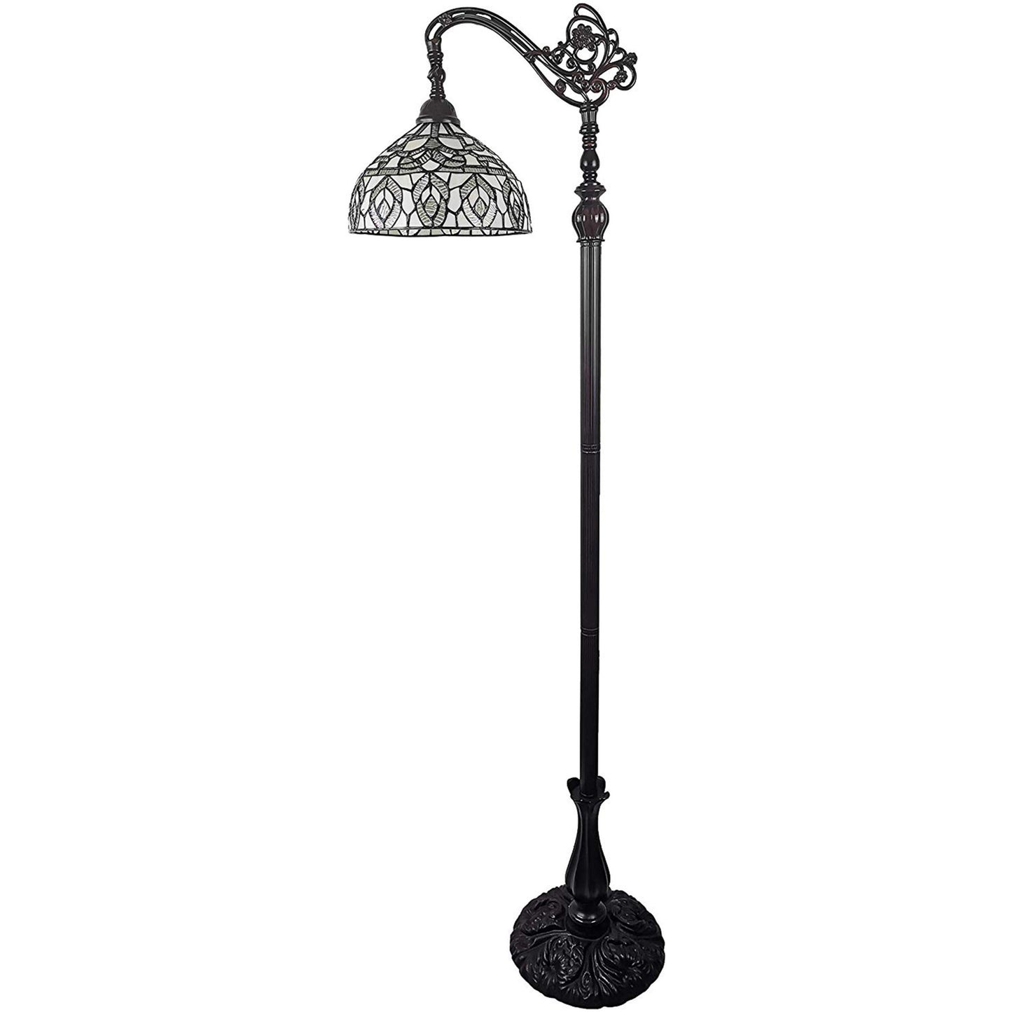 Brown Floor Lamp w/ White Peacock Feather Stained Glass Shade