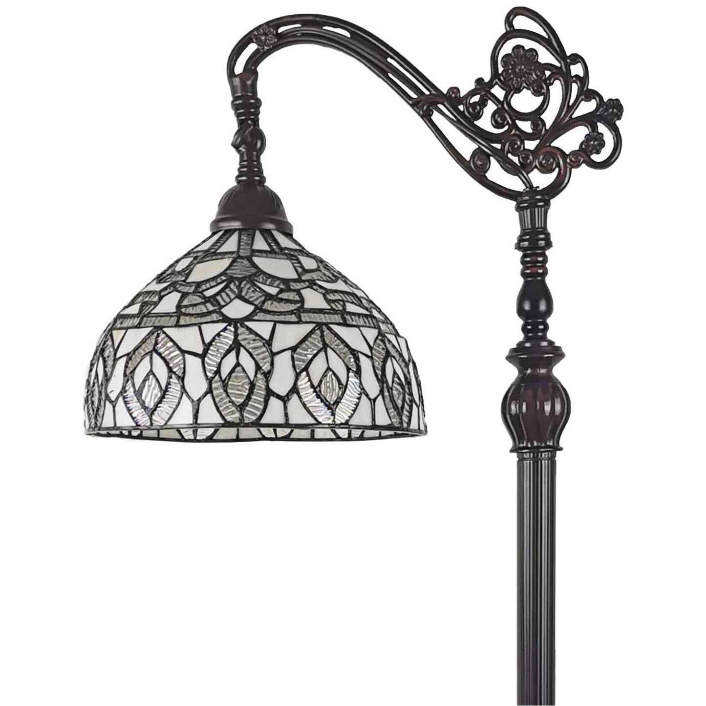 Brown Floor Lamp w/ White Peacock Feather Stained Glass Shade
