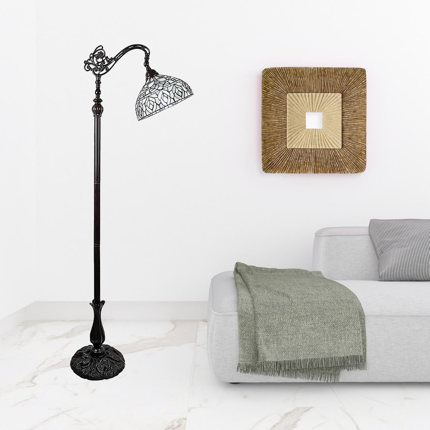 Brown Floor Lamp w/ White Peacock Feather Stained Glass Shade