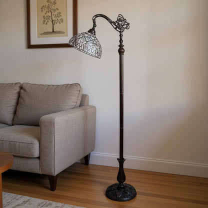 Brown Floor Lamp w/ White Peacock Feather Stained Glass Shade