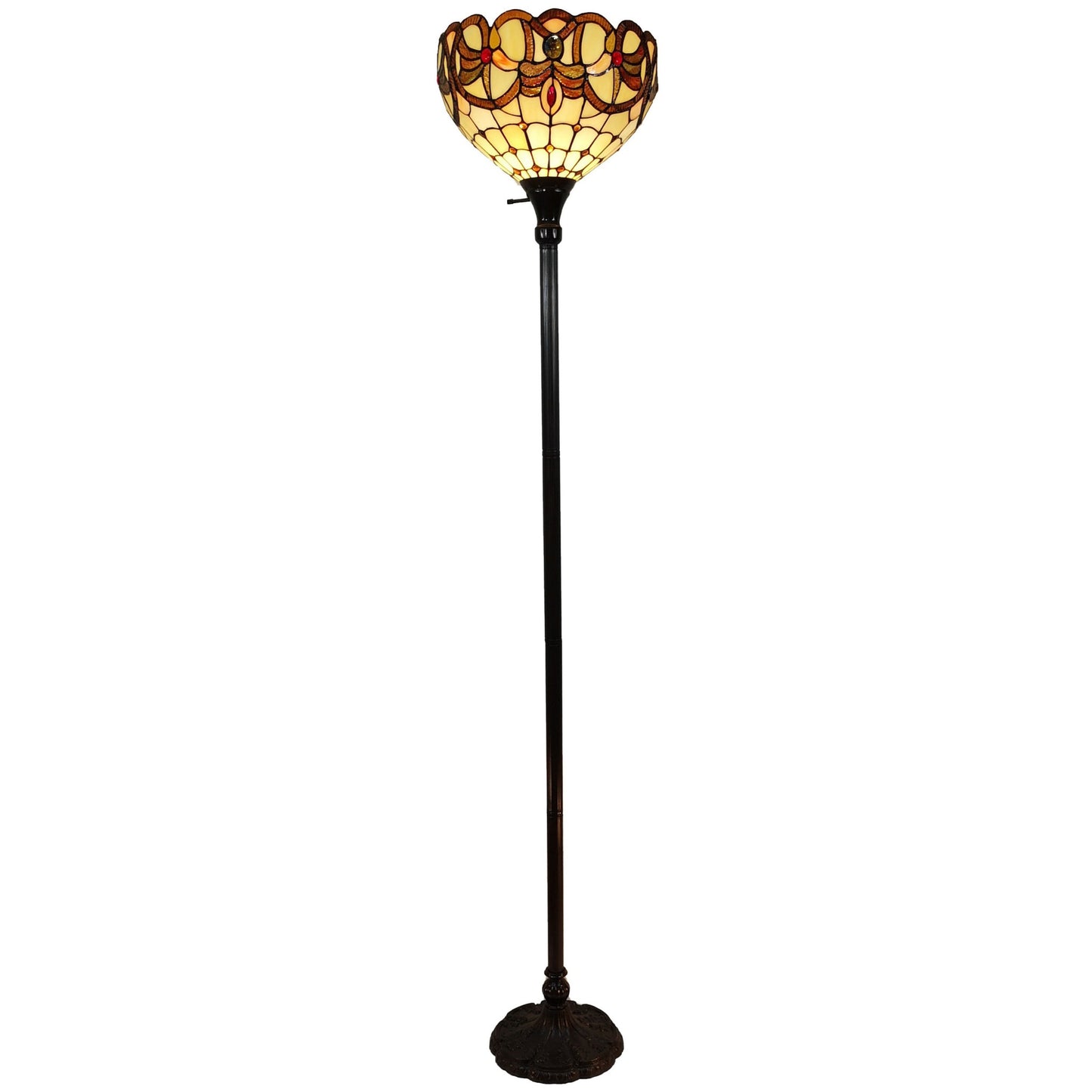 Brown Floor Lamp w/ White & Brown Stained Glass Bowl Shade