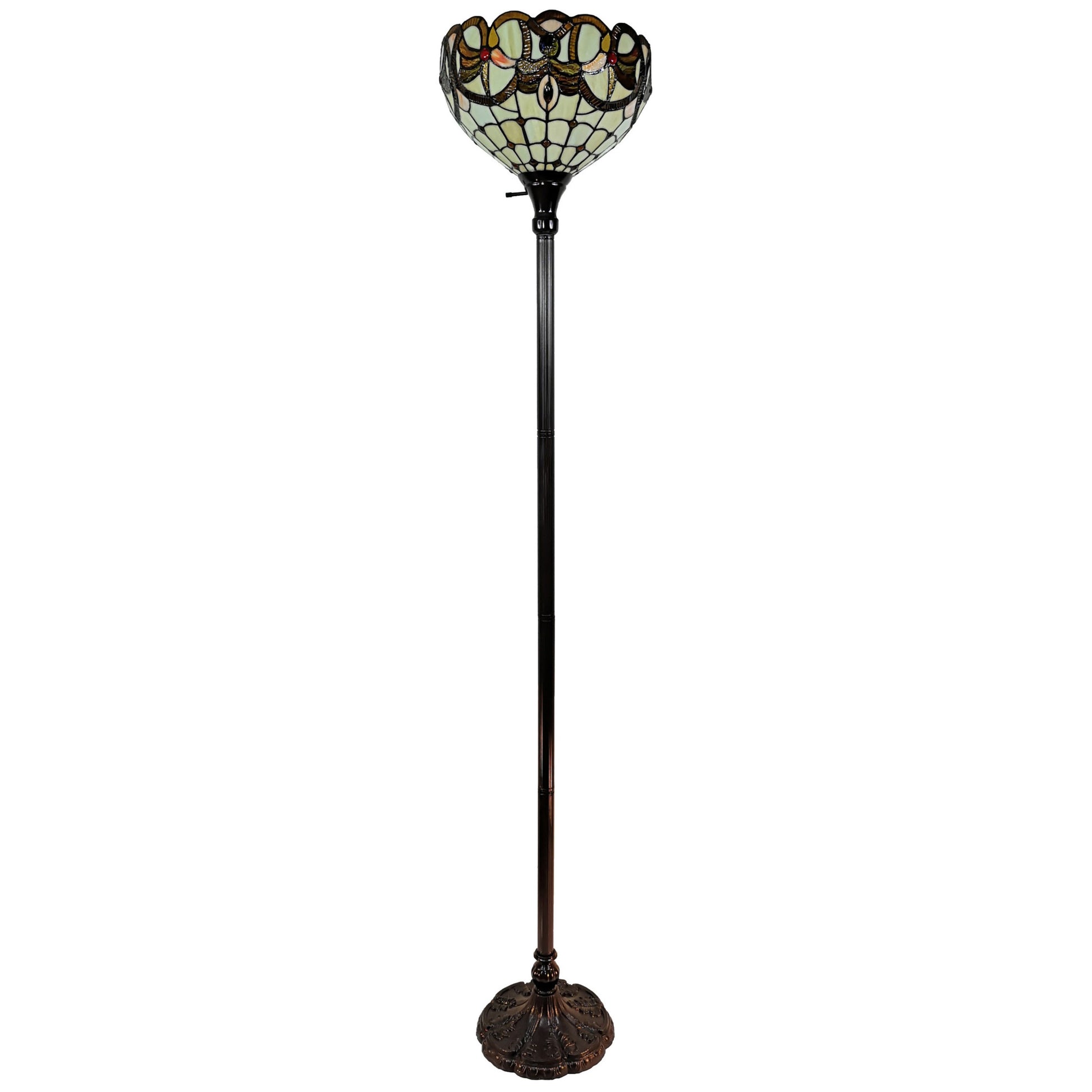 Brown Floor Lamp w/ White & Brown Stained Glass Bowl Shade