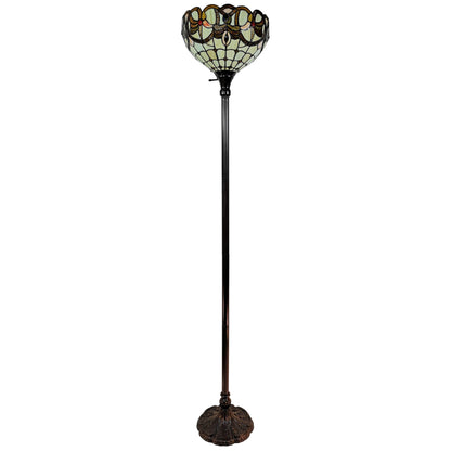 Brown Floor Lamp w/ White & Brown Stained Glass Bowl Shade
